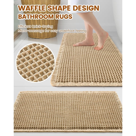 BDIUA-Waffle Bath Mat 30x20, Extra Soft Absorbent Bathroom Rugs, Non Slip Machine Washable Quick Dry Bath Rugs for Bathroom Floor, Tub, Shower, Home Decor Accessories, Brown