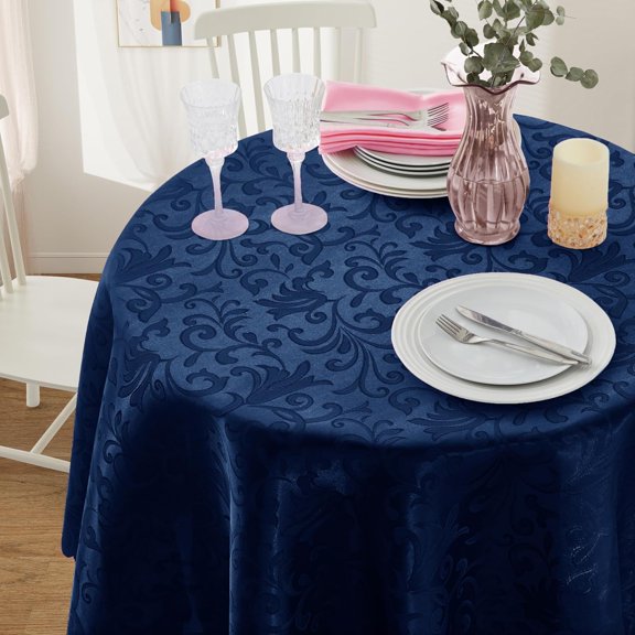 BDIUA-Wave Damask Deep Sea Blue Satin Round Tablecloth 60"X60"Round Tablecloth Stain Resistant Wrinkle Free Silkly Soft Table Cloths for Dining Room, Indoor and Outdoor Use
