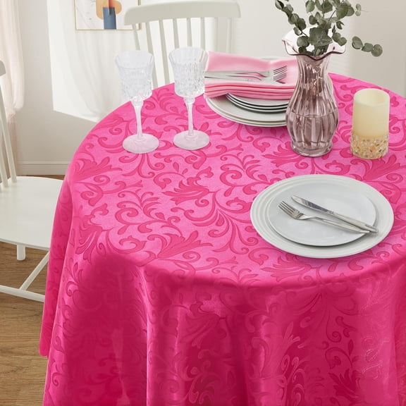 BDIUA-Wave Damask Hot Pink Satin Round Tablecloth 60"X60"Round Tablecloth Stain Resistant Wrinkle Free Silkly Soft Table Cloths for Dining Room, Indoor and Outdoor Use