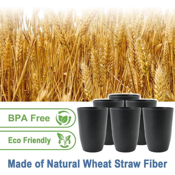BDIUA-Wheat Straw Cups 6 Pcs 16 OZ Plastic Cup, Unbreakable Drinking Glasses, Lightweight Cup Set for Kitchen, Alternative to Plastic Cups Reusable Dishwasher Safe (Black)