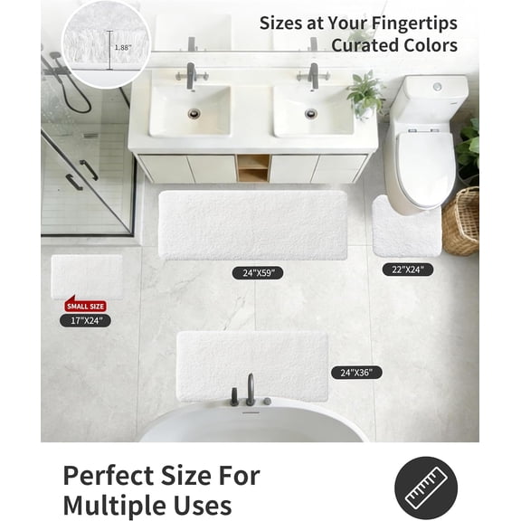 BDIUA-White Bathroom Rugs 24" 17" Non Slip & Super Absorbent Extra Thick Soft, Washable Bath Mat for Floor, Non Shedding Microfiber Plush Shaggy Bath Rug for Bathtub Shower Room Sink