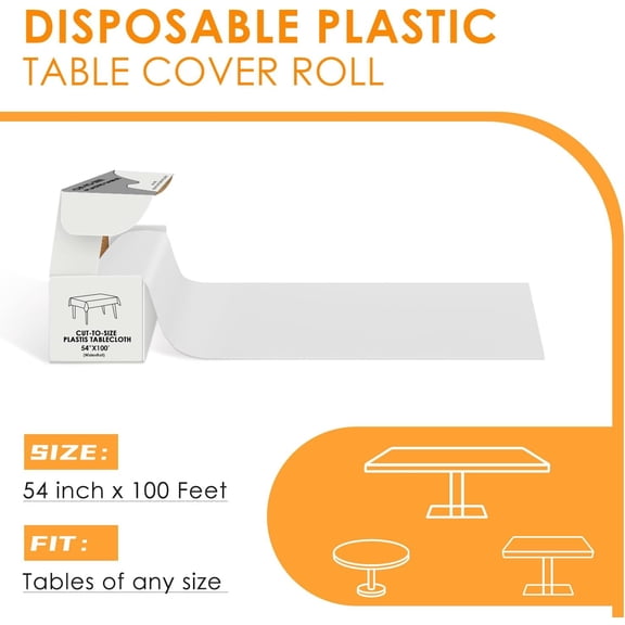 BDIUA-White Disposable Plastic Table Cloth Roll 54" X 100', Plastic Table Cover with Cutter Box, Cut to Size Disposable Tablecloth for Parties