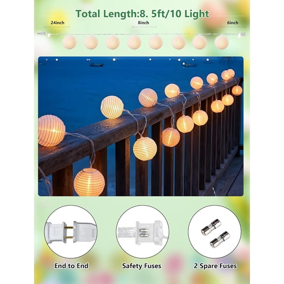 BDIUA-White Lantern String Lights Plug in, 8.5Ft Hanging Indoor Decorative String Lights with 10 Cute White Nylon Lanterns Lights Connectable for Indoor Outdoor Bedroom Ramadan Backyard Patio Bistro
