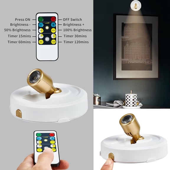 BDIUA-Wireless Spotlight Battery Operated, Dimmable LED Accent Light with Remote Control, 3000K Warm White Uplight Focus Light for Display Painting Picture Artwork Closet (2 Pack)