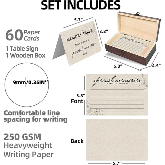 BDIUA-Wooden Memory Box with 60 Share a Memory Cards & Table Sign - 300GSM Heavyweight Kraft Cardstock - Keepsake Box for Funerals, Weddings, Graduation, Memorial Celebration of Life Decorations