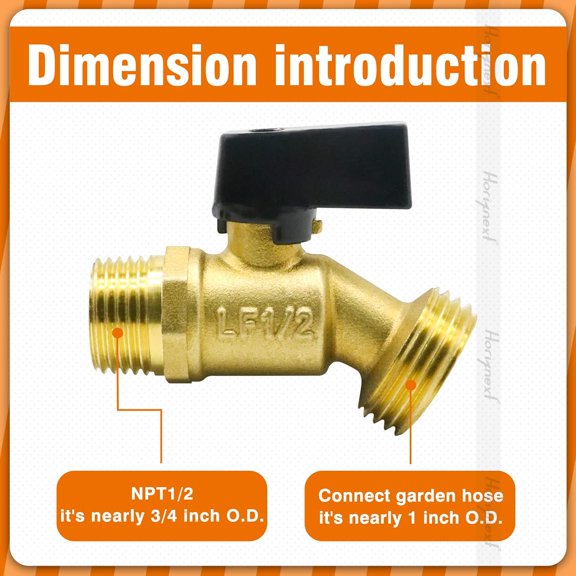 BDIUA-garden hose bibb, npt 1/2 thread inlet GHT3/4 O.D. thread outlet outdoor spigot, brass shut off valve for water pipe draining rain barrel bucket ibc tank. (1 pc)