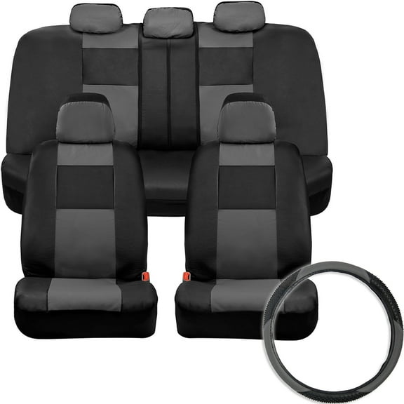 BDK 2-Tone PU Leather Car Seat Covers Split Bench Side Airbag Safe with Steering Wheel Cover
