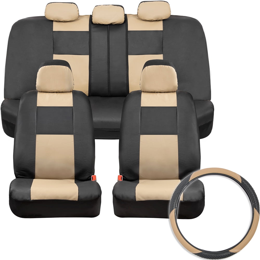 BDK 2-Tone PU Leather Car Seat Covers Split Bench Side Airbag Safe with Steering Wheel Cover