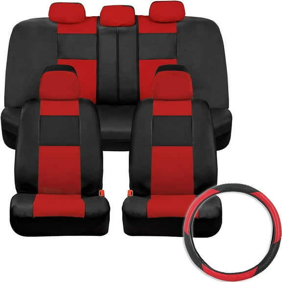 BDK 2-Tone PU Leather Car Seat Covers Split Bench Side Airbag Safe with Steering Wheel Cover