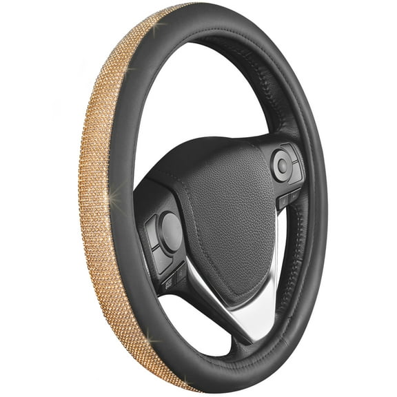 BDK Bling Bling Glitter Diamond Leather Steering Wheel Cover with 9 Rows Crystal Rhinestones, Universal Fit 14.5-15.5 Inch for Women / Girls (Crystal Rhinestones - Gold)