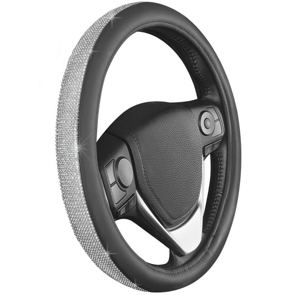 BDK Bling Glitter Diamond Leather Steering Wheel Cover with 9 Rows Crystal Rhinestones, Universal Fit 14.5-15.5 Inch for Women/Girls (Crystal Rhinestones - Silver)