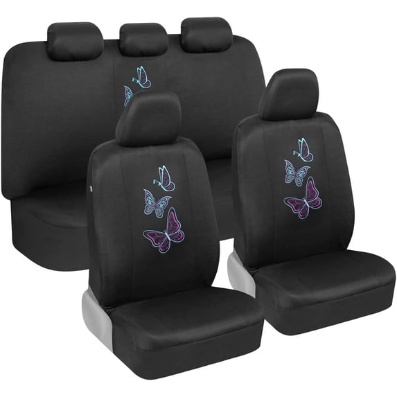 BDK Blue Butterflies Car Seat Covers for Women, Full Set with Steering Wheel Cover and Seat Belt Pads – Front and Rear Covers with Matching Embroidered Accessories, Fits Most Car Truck Van SUV