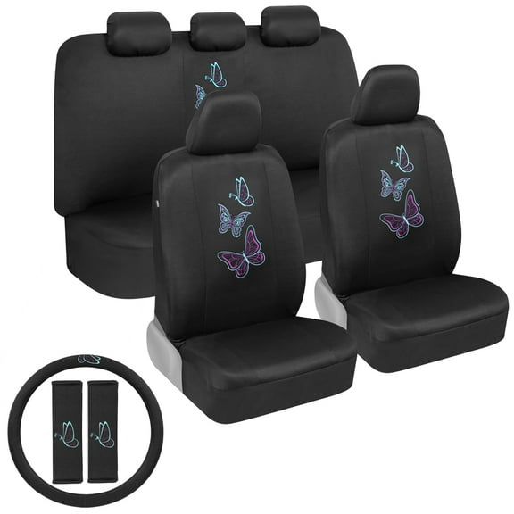 BDK Blue Butterflies Car Seat Covers for Women, Full Set with Steering Wheel Cover and Seat Belt Pads Front and Rear Covers with Matching Embroidered Accessories, Fits Most Car Truck Van SUV