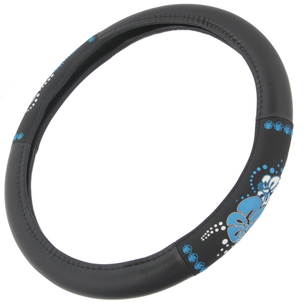 BDK Blue Hawaiian Hibiscus Pattern Steering Wheel Cover, Standard