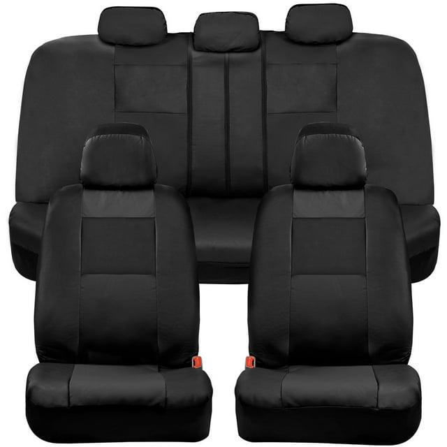 BDK Classic Black Faux Leather Car Seat Covers Full Set, Front & Rear Bench Seat Cover for Cars