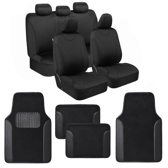 BDK Black Car Seat Covers with Matching Carpet Floor Mats for Cars Full Set - Front Universal Seat Covers & Back Bench Seat Cover with Automotive Floor Mats - Car, SUV, Truck, & Van Interior Protecto