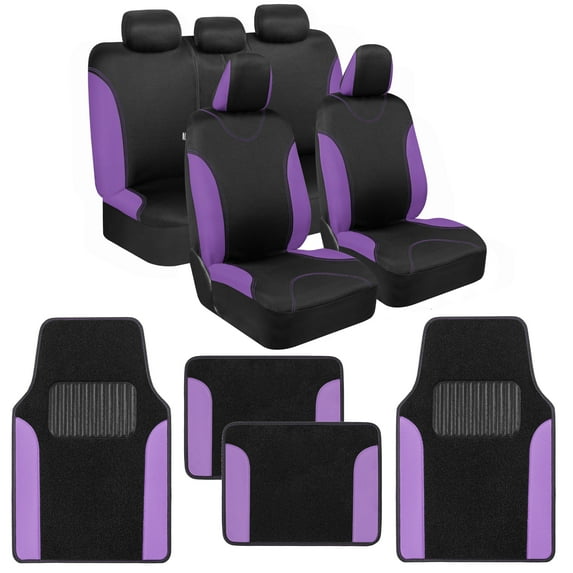 BDK Purple Car Seat Covers with Matching Carpet Floor Mats for Cars Full Set - Front Universal Seat Covers & Back Bench Seat Cover with Automotive Floor Mats - Car, SUV, & Truck Interior Protector