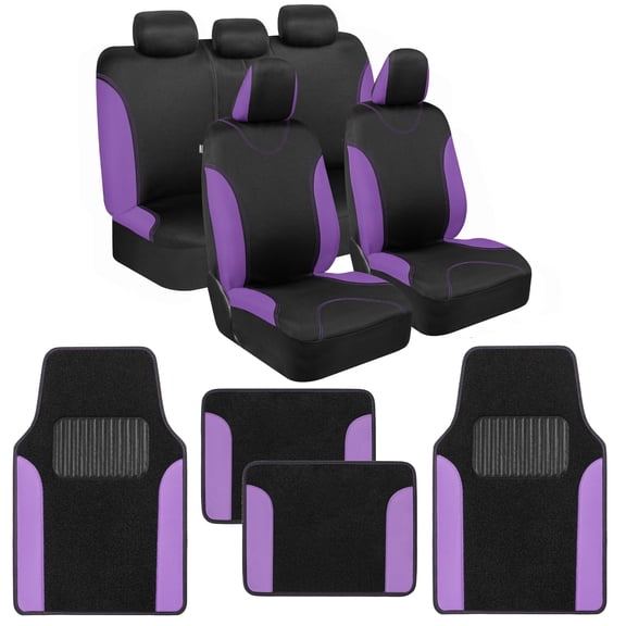 BDK Purple Car Seat Covers with Matching Carpet Floor Mats for Cars Full Set - Front Universal Seat Covers & Back Bench Seat Cover with Automotive Floor Mats - Car, SUV, & Truck Interior Protector