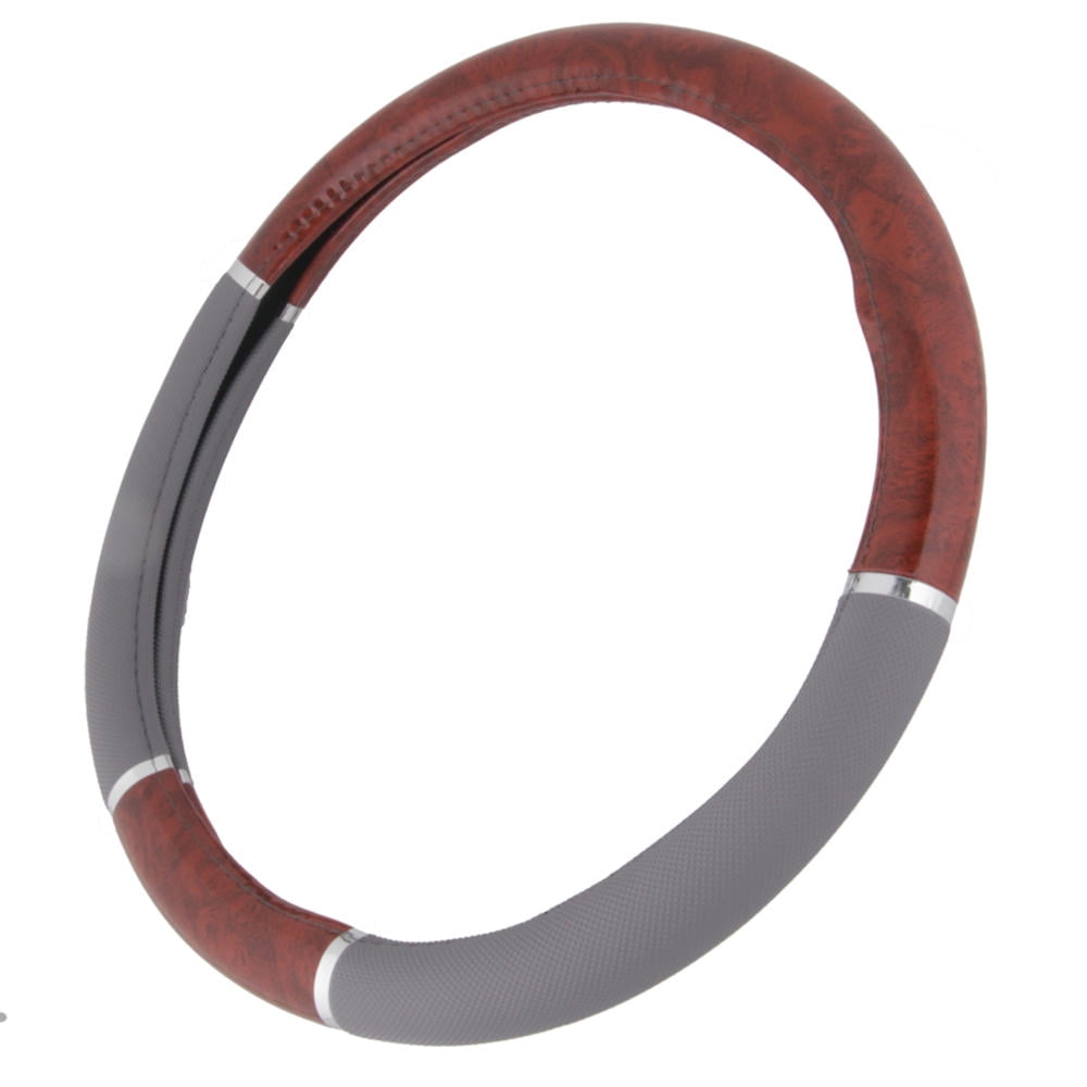 BDK Dark Wood Grain Steering Wheel Cover for Car, SUV, Van, Premium Syn Leather, Gray,Beige Black Wood