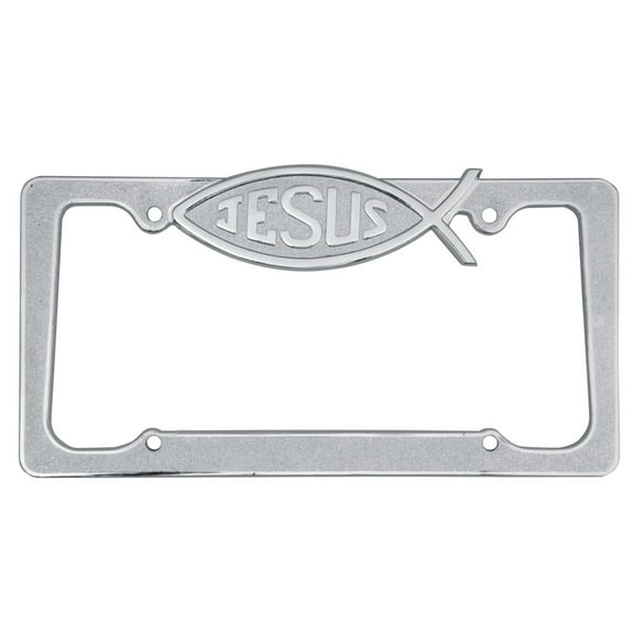 BDK Die-Cast Metal License Plate Frames Chrome Plated & -Free Cover with Jesus Fish Design- Silver
