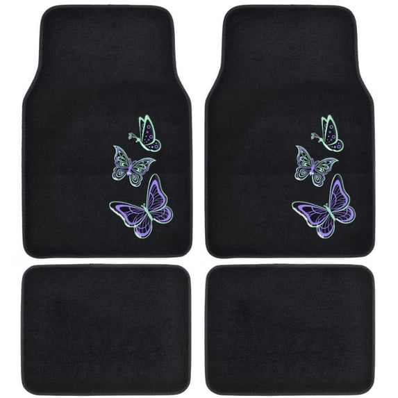 BDK Embossed Neon Purple & Green Butterflies Design Carpet Car Floor Mats for Auto Van Truck SUV-4 Pieces Front & Rear Full Set with Rubber Backing-Universal Fit