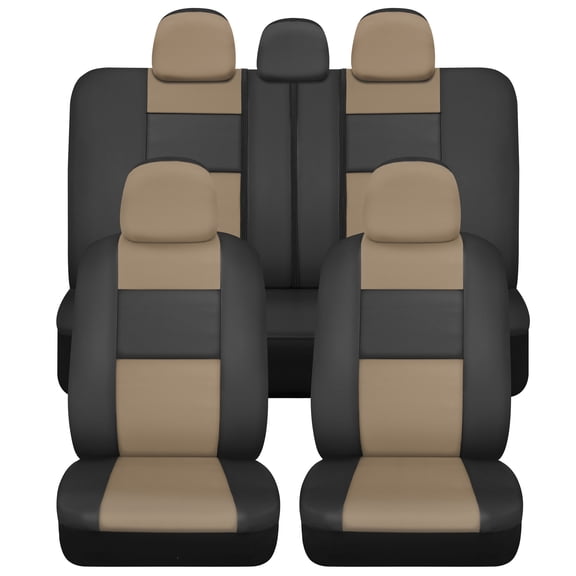 BDK Faux Leather Car Seat Covers Full Set for Car Truck SUV, Front and Rear Split Bench, Airbag Compatible Auto Protectors, Black & Beige