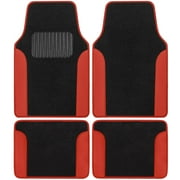 BDK Two-Tone Carpet Car Floor Mats, Faux Leather Accents Built-In Heel Pad, Anti-Slip Stylish 4-Piece Set, for Car Truck SUV Van, Red