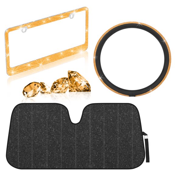 BDK Gold Diamond Crystal Bling Car Steering Wheel Cover with Matching Rhinestone License Plate Frame and Black Diamond Windshield Sunshade Set for Car Truck Van SUV