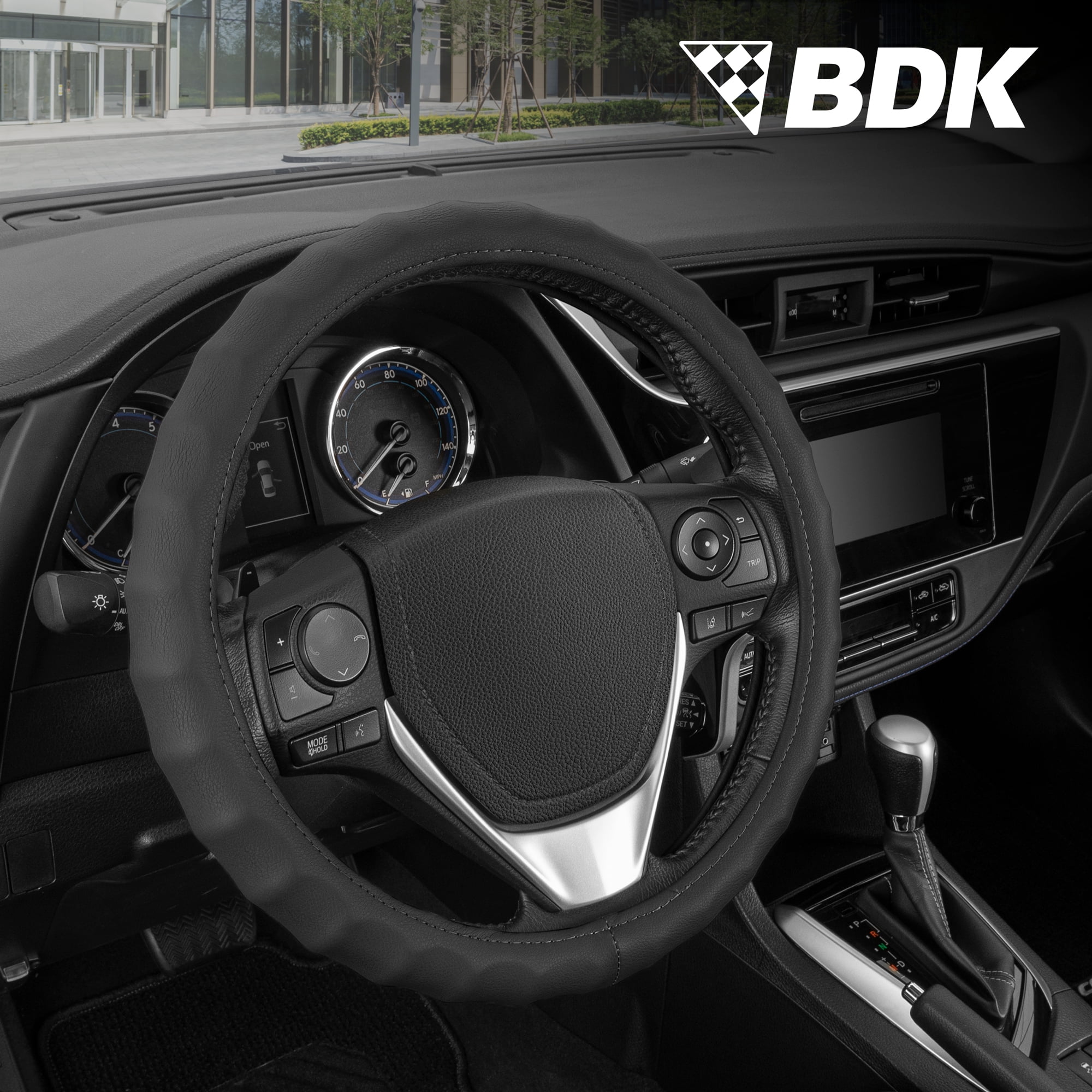 BDK Leather Car Steering Wheel Cover 13.5 14.5 Small Black Universal Fit Easy Installation Max Protection