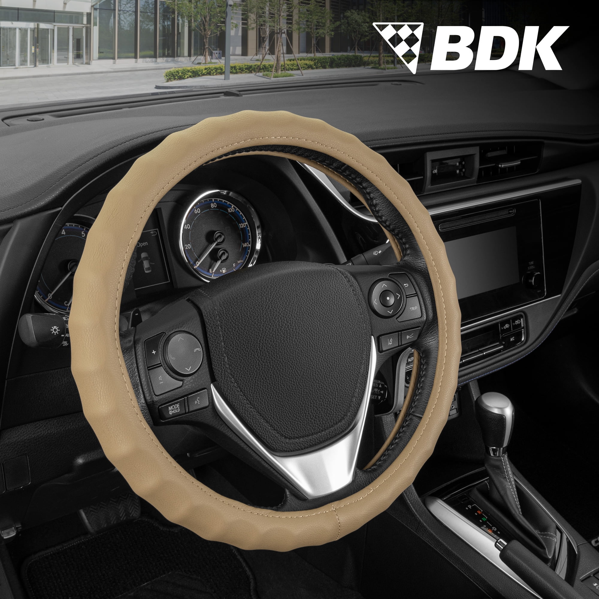 BDK Leather Car Steering Wheel Cover 13.5"14.5" (Small/Tan Beige