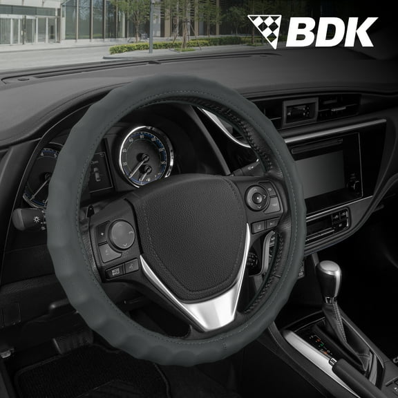 BDK Leather Car Steering Wheel Cover 14.5"-15.5" (Medium/Gray) -Universal Fit, Easy Installation