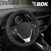 BDK Leather Car Steering Wheel Cover 15.5"-16.5" (Large/Black) -Universal Fit, Easy Installation, Max Protection