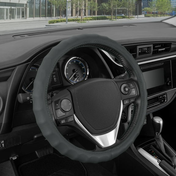 BDK Leather Car Steering Wheel Cover 15.5"-16.5" (Large/Gray) -Universal Fit, Easy Installation, Max Protection
