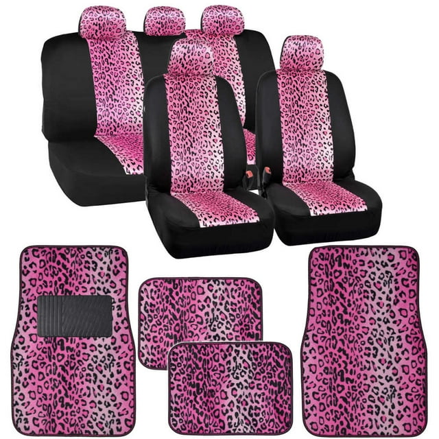 BDK Leopard Car Seat Covers with Floor Mats, Animal Prints 2Tone Split