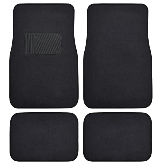 Premium 4PC Set of Carpet Car Floor Mats with Vinyl Safety Heel Pad for Car, Truck, SUV, Coupe Sedan, Black (MT-100-BK)