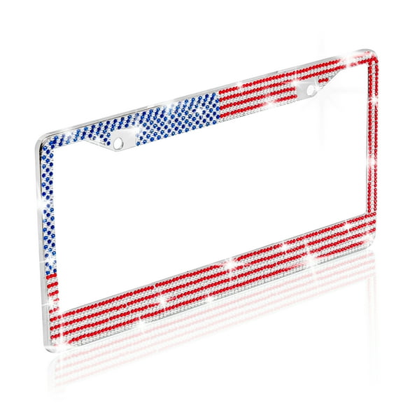 BDK Marine Grade Stainless-Steel USA United States Flag Rhinestone Crystal Bling License Plate