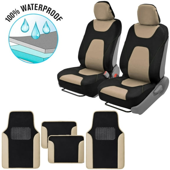 BDK Motor Trend AquaShield Car Seat Covers, Front Pair of 3-Layer Waterproof Neoprene Material with Modern Sideless Design, Includes 4-Piece Carpet Floor Mats, Fits Most Auto Truck Van SUV