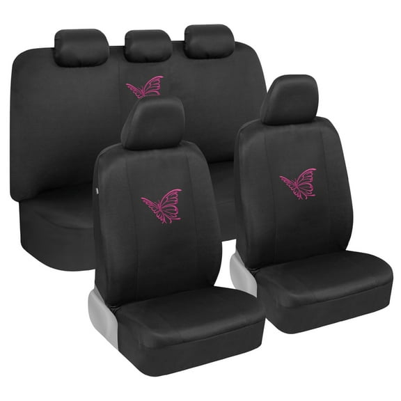 BDK Pink Butterflies Car Seat Covers for Women, Full Set with Steering Wheel Cover and Seat Belt Pads Front and Rear Covers with Matching Embroidered Accessories, Fits Most Car Truck Van SUV