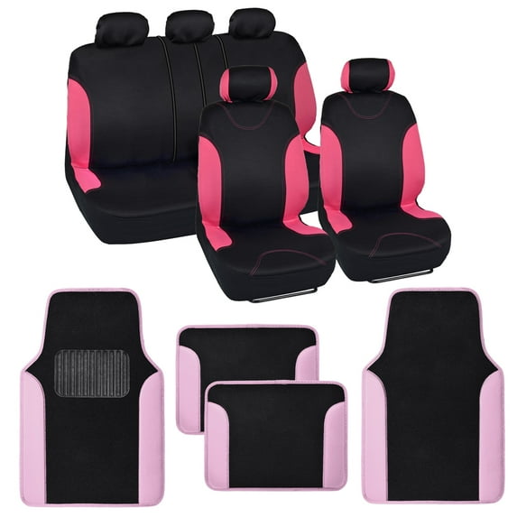 BDK Pink Car Seat Covers with Matching Carpet Floor Mats for Cars Full Set - Front Universal Seat Covers & Back Bench Seat Cover with Automotive Floor Mats - Car, SUV, Truck, & Van Interior Protector