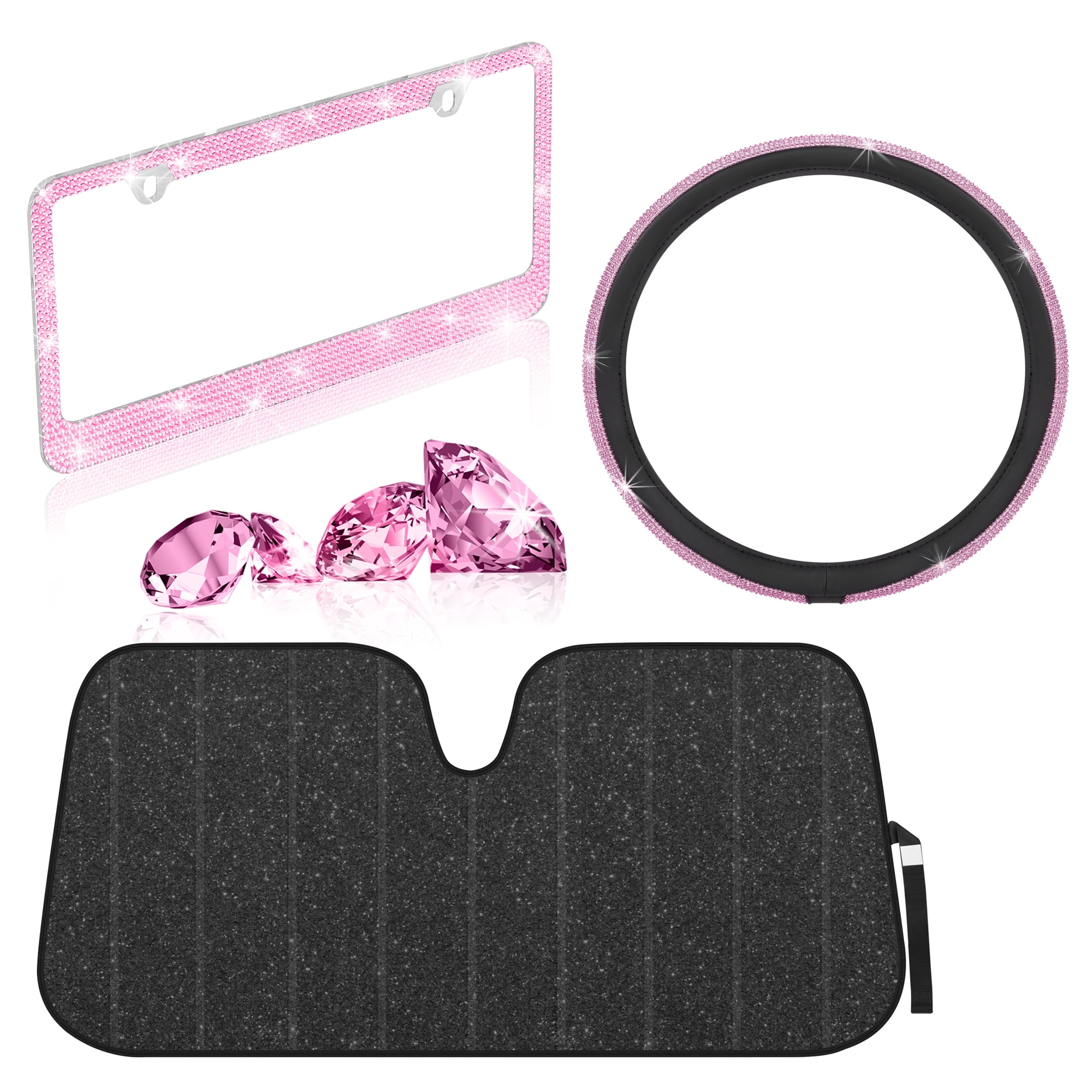BDK Pink Diamond Crystal Bling Car Steering Wheel Cover with Matching Rhinestone License Plate Frame and Black Diamond Windshield Sunshade – Universal Fit Set for Car Truck Van SUV