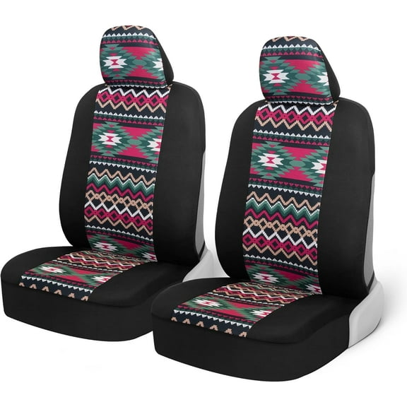BDK Pink Inca Car Seat Covers for Front Seats, 2 Pack Geometric Print Front Seat Cover Set with Matching Headrests