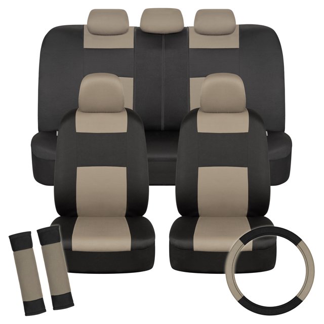 BDK PolyPro Car Seat Covers Full Set in Beige on Black with Steering