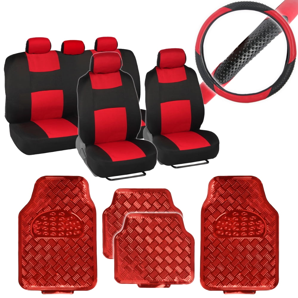 BDK PolyPro Car Seat Covers, Full Set Front and Rear Split Bench Protection, Includes 4PC Vibrant Metallic Floor Mats & Steering Wheel Cover, Easy to Install, Fits Most Auto Truck Van SUV
