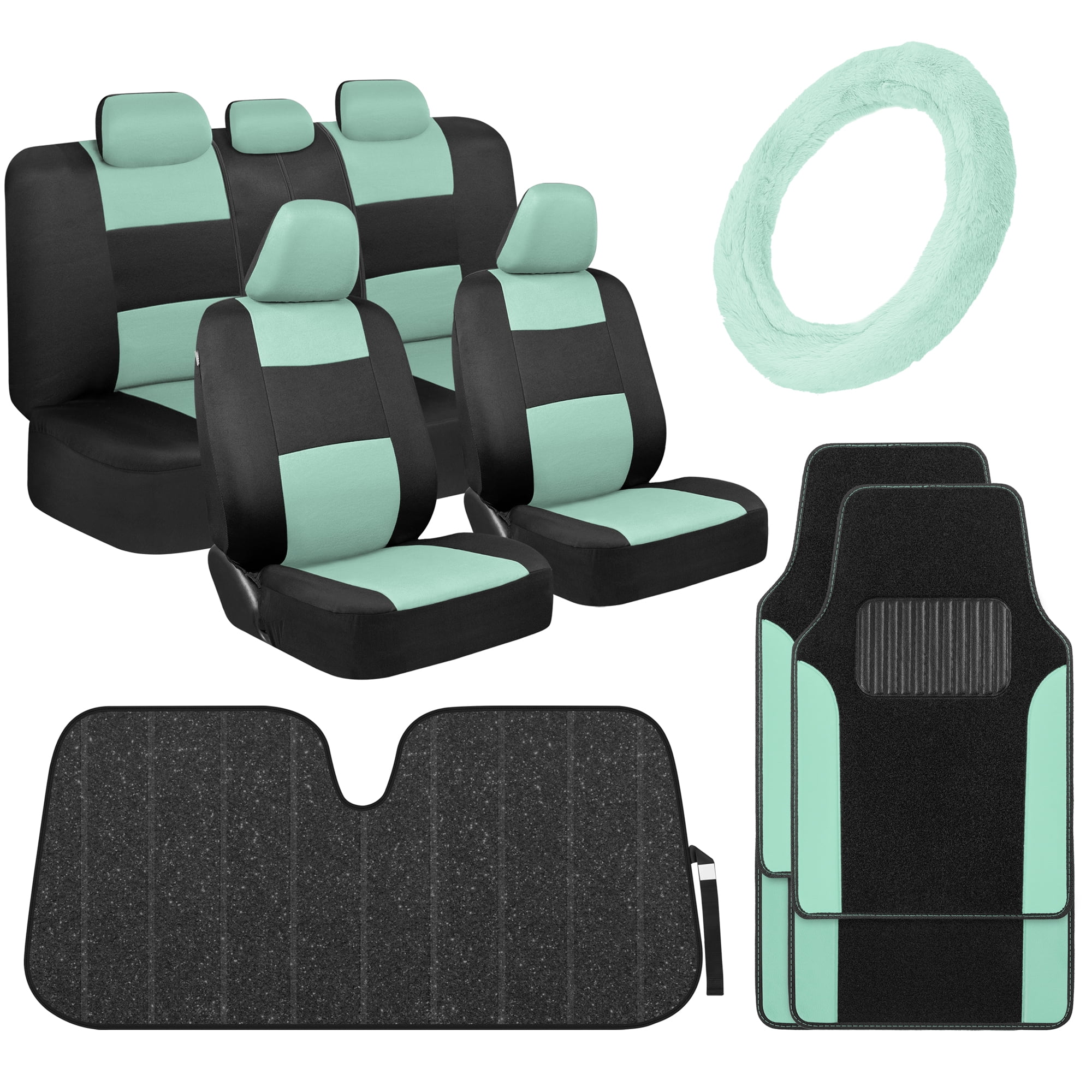 BDK PolyPro Mint Car Seat Covers for Women Gift Set Bundle - Seat Covers for Cars with Carpet Floor Mats, Fur Steering Wheel Cover and Bling Windshield Sunshade