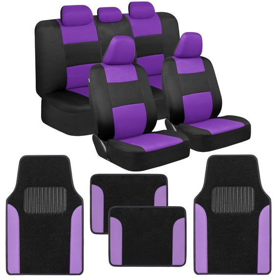 BDK PolyPro Black / Purple Car Seat Covers Full Set with Matching Carpet Floor Mats - Automotive Seat Covers for Cars Trucks SUV - Includes Split Bench Rear Seat Cover - Interior Car Accessories