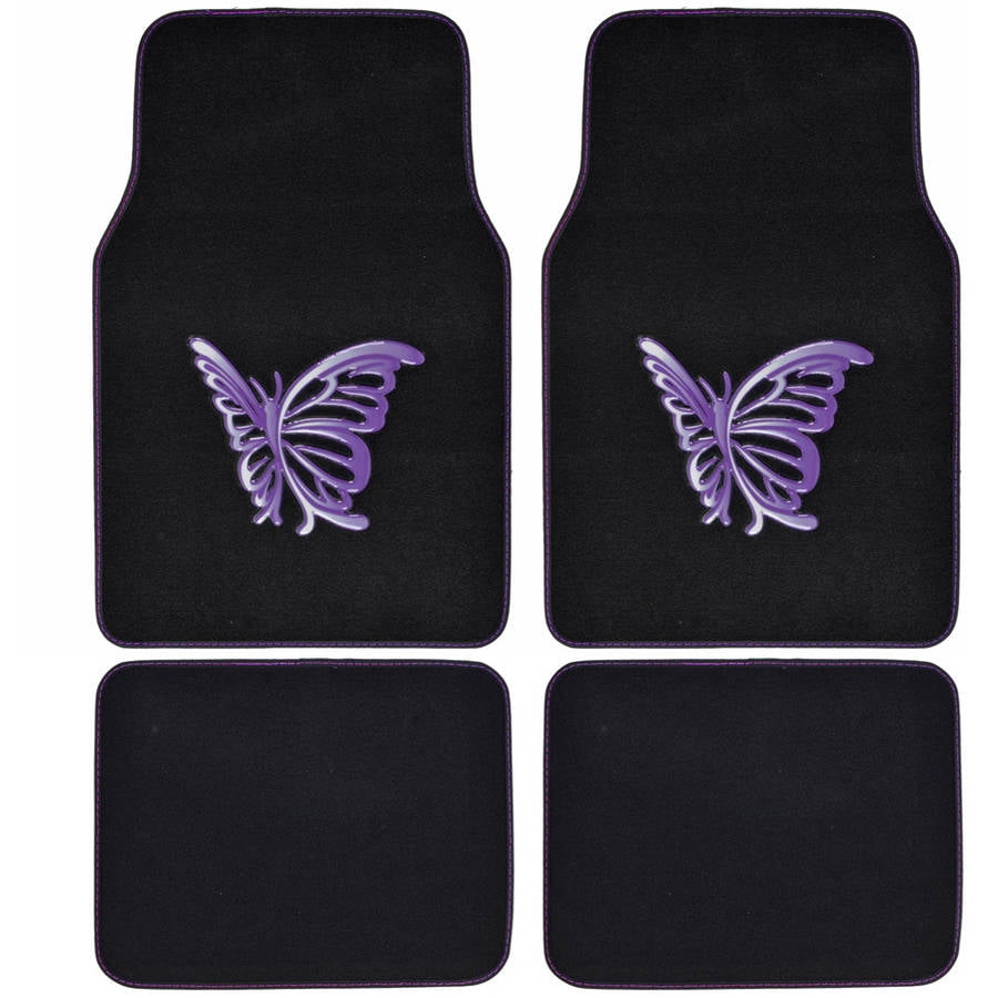 BDK Purple White Butterfly Design Carpet Car Floor Mats Front & Rear