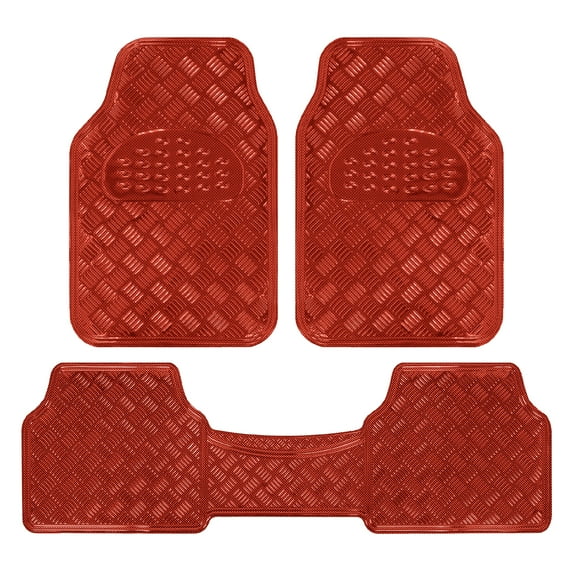 BDK 3-Piece All-Weather Universal Fit Front & Rear Floor Mats for Cars Trucks SUVs Vans, All-Weather Easy-to-Clean Diamond Metal Pattern Durable Heavy Duty Non-Slip Protection - Metallic Red