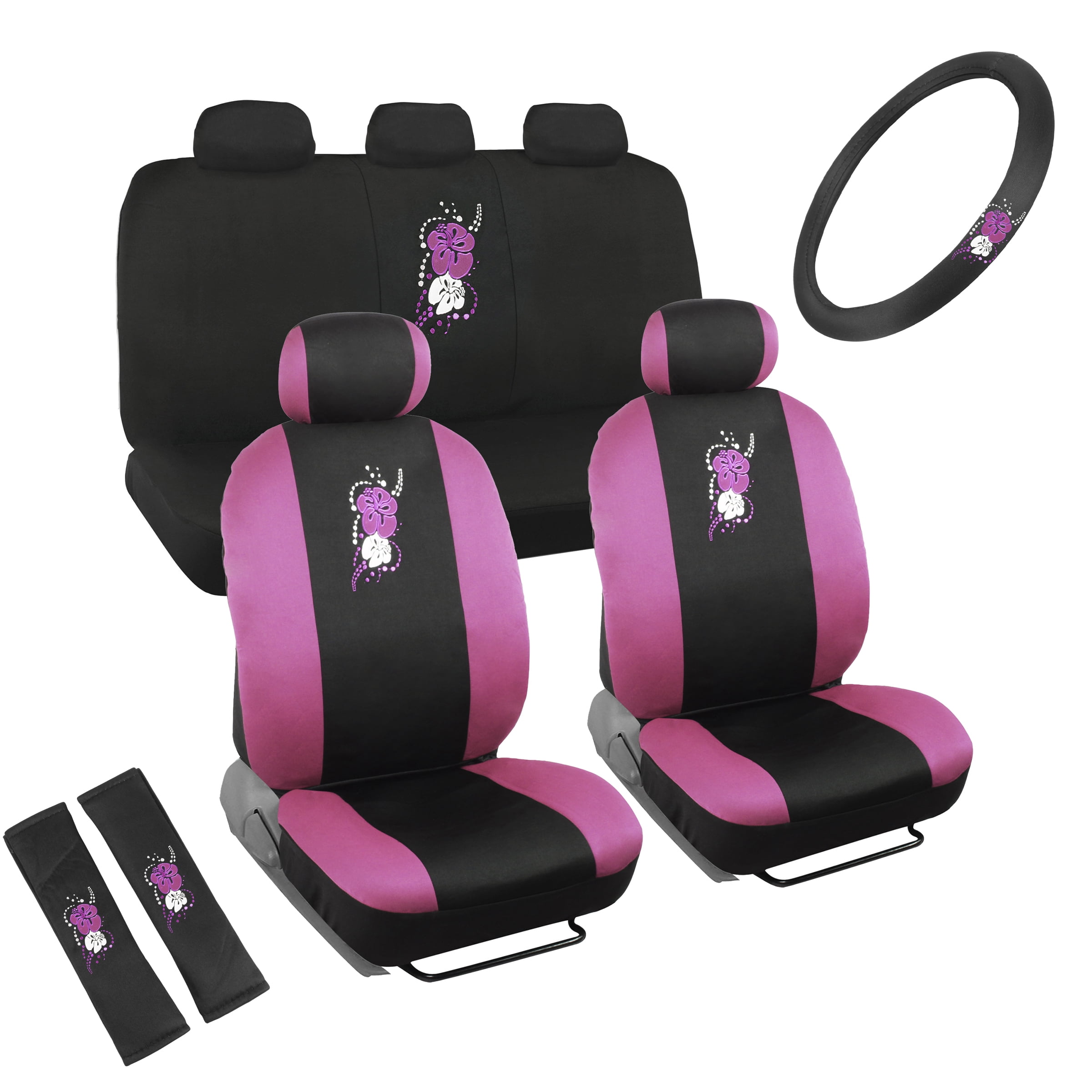 BDK SC-452-PK Pink Hawaiian Floral Design Seat Covers for Car, SUV - Car Accessory, W/Belt Pad, Steering Cover by 1 Pack, Pink Hawaiian Flower