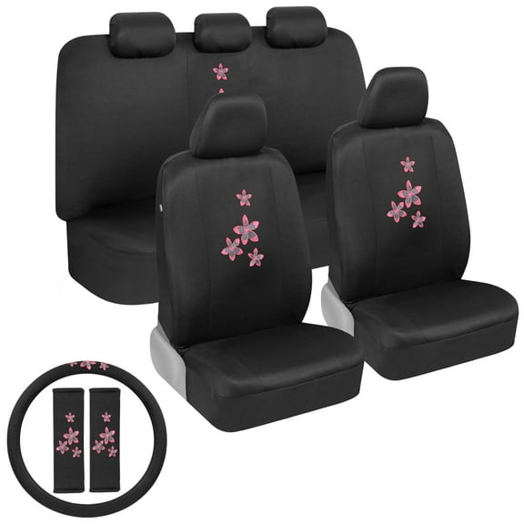 BDK SC-505 Design Car Seat Cover (Floral Design Front Rear Full Set Seat Protection + 1 Steering Wheel Cover + 2 Belt Pads), 1 Pack