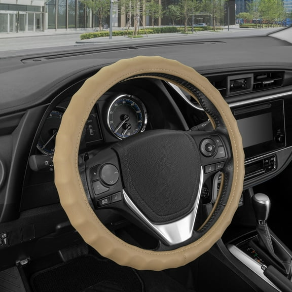 BDK Leather Car Steering Wheel Cover 13.5"-14.5" (Small/Tan Beige) -Universal Fit, Easy Installation, Max Protection